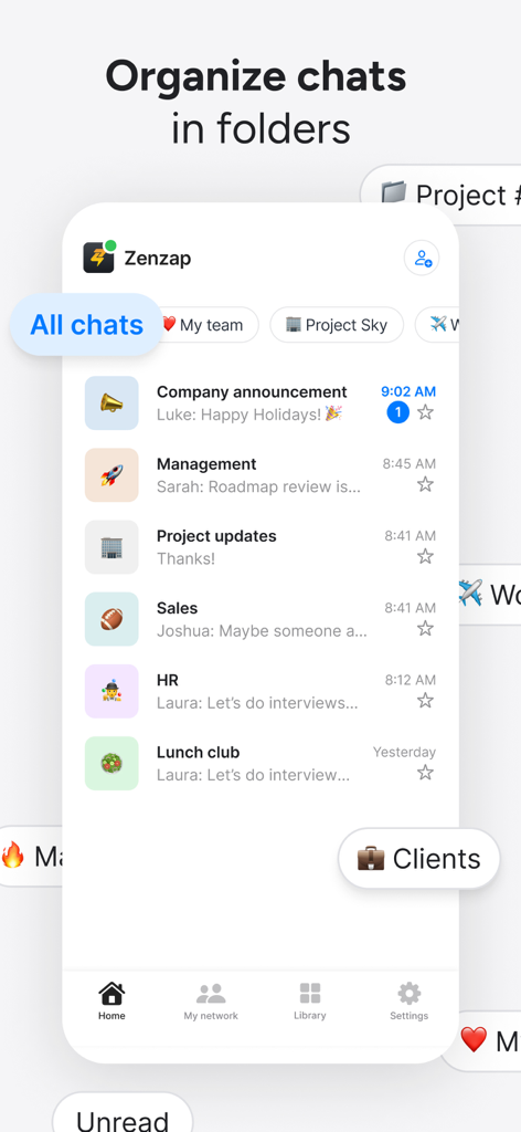 Zenzap: Professional Work Chat - Zenzap mobile app interface showing business chats organized into folders such as management sales and hr