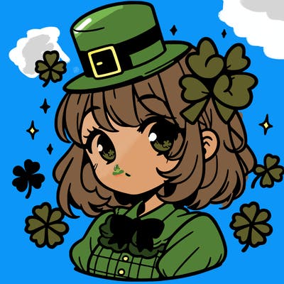 a manga-style girl with clovers around her, a little hat in her hair, like it's saint patrick's day