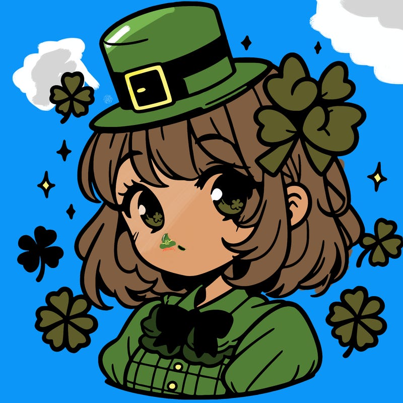 a manga-style girl with clovers around her, a little hat in her hair, like it's saint patrick's day