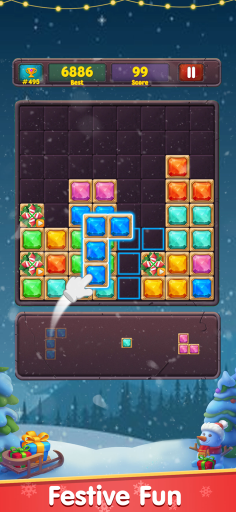 Block Puzzle Z Classic 1010 - Gameplay of Block Puzzle Z with a festive winter theme and jewel blocks