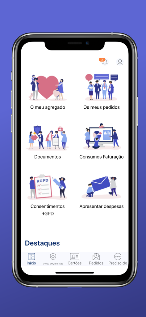 SNQTB - Main dashboard of the SNQTB mobile app showing icons for household management, requests, and health expenses