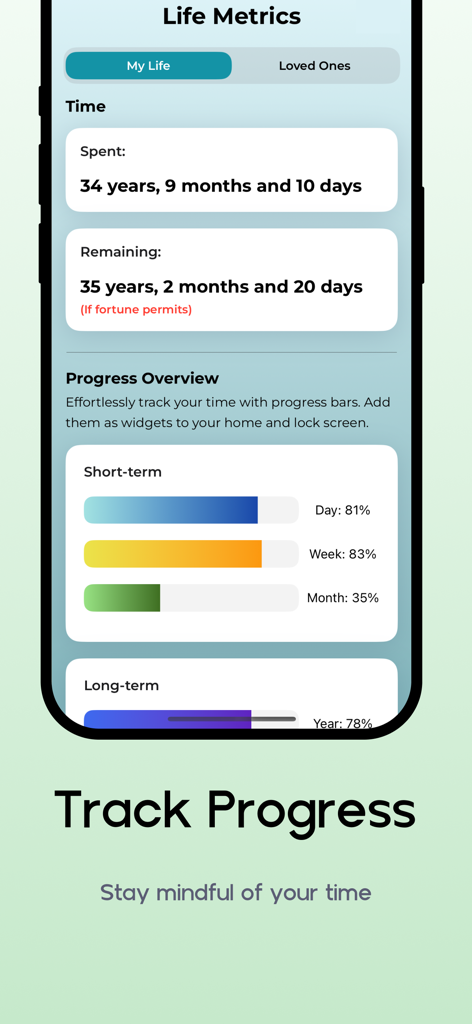 Stoic Life Calendar app interface showing life metrics and colorful progress bars for daily and monthly time tracking.
