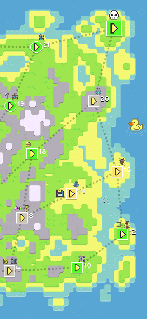 Ants vs Robots - Un mapa del mundo en arte pixelado en Ants vs Robots mostrando íconos de selección de niveles a través de islas