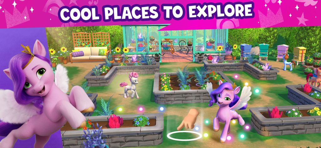 My Little Pony World - 보라색 조랑말이 마이 리틀 포니 월드 모바일 게임에서 활기찬 정원과 온실을 탐험하는 모습