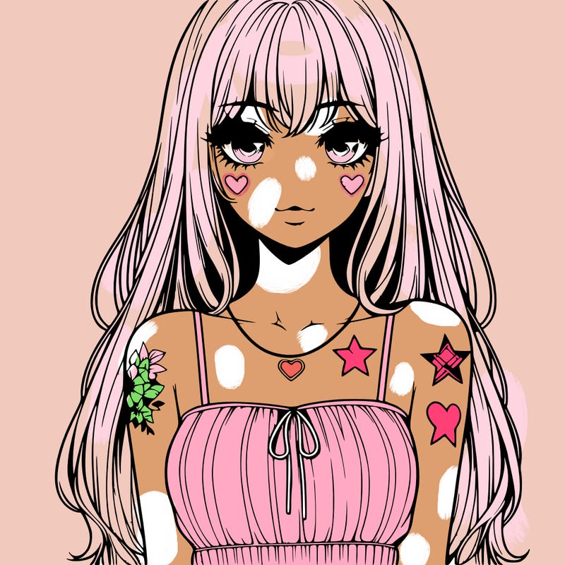 realistic anime girl with long hair star heart tattoos with a simple fabric dress with full lips