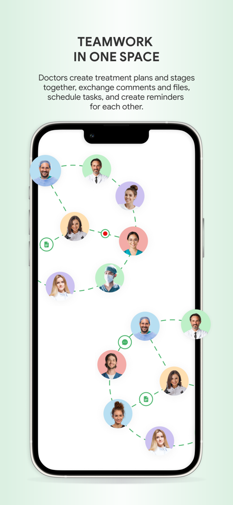 Cliniccards app displaying dental team members connected in a collaborative digital workspace on a smartphone screen