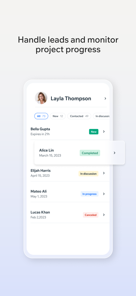 Wix Studio - Wix Studio Mobile App-Bildschirm, der Projekt-Leads und Statusaktualisierungen wie 'abgeschlossen' und 'in Bearbeitung' zeigt