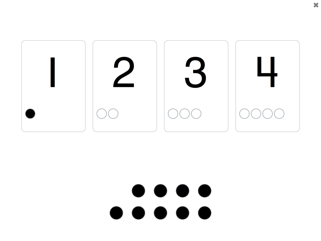 See and Learn First Counting - 1から4までの数字カードと、視覚的な表現のための黒いドットを備えた教育的な数え方アクティビティ。