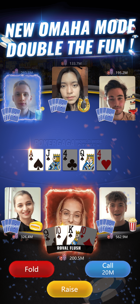 Mobile app screenshot of PokerGaga showing Omaha mode gameplay with six players using live video chat.