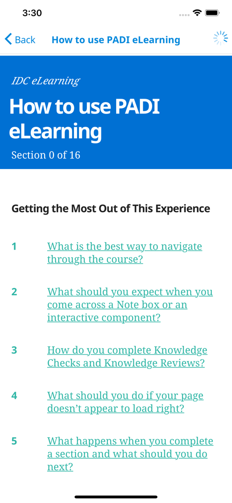 A screen from the PADI Training app titled How to use PADI eLearning showing a list of navigation and course completion questions for scuba diving students.