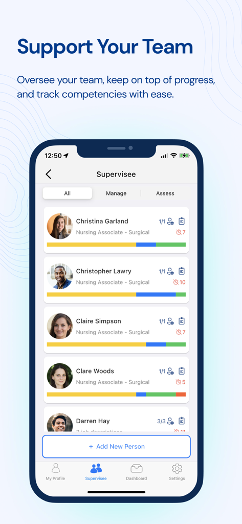 Compassly app screen showing a list of supervisees and their clinical competency progress bars.