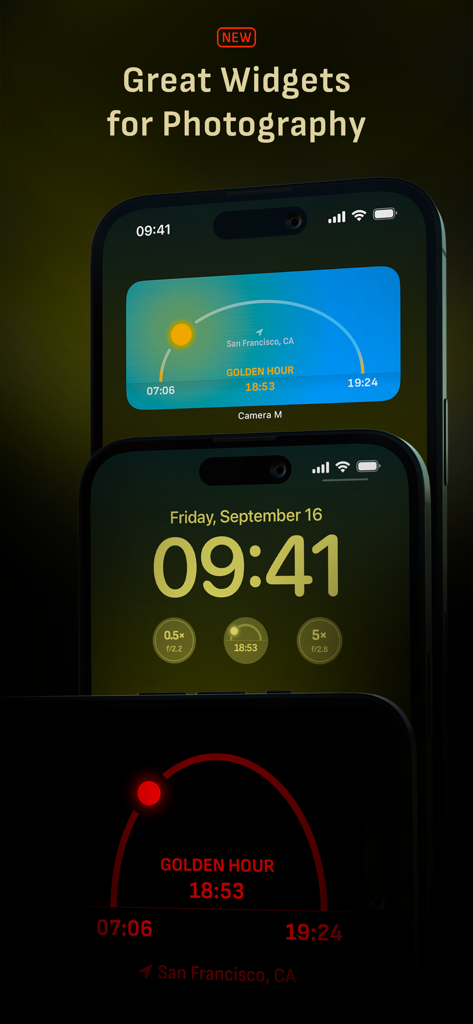 Widgets für den Startbildschirm und Sperrbildschirm des iPhones für Camera M, die die Verfolgung der Goldenen Stunde und Linseninformationen anzeigen