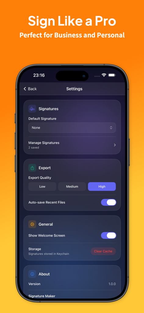 Signature Maker - eSign Create - Settings screen of the Signature Maker app showing signature management and high-quality export options.