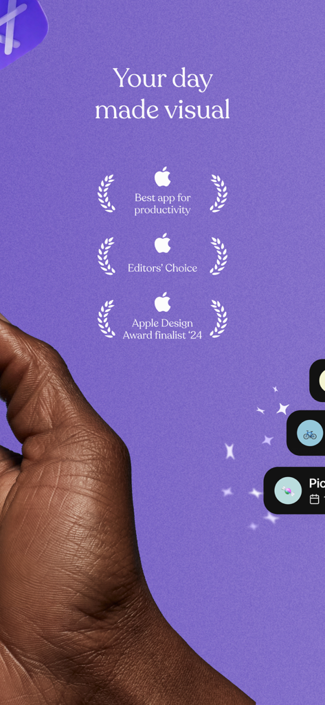 Tiimo: AI Planner & To-do - Schermata dei premi dell'app Tiimo che mostra il Miglior App per la Produttività e finalista del premio di design Apple