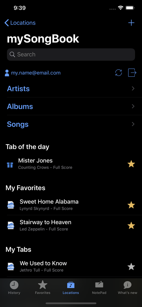 Guitar Pro - Bibliothèque mysongbook de l'application mobile Guitar Pro affichant les tablatures et chansons favorites