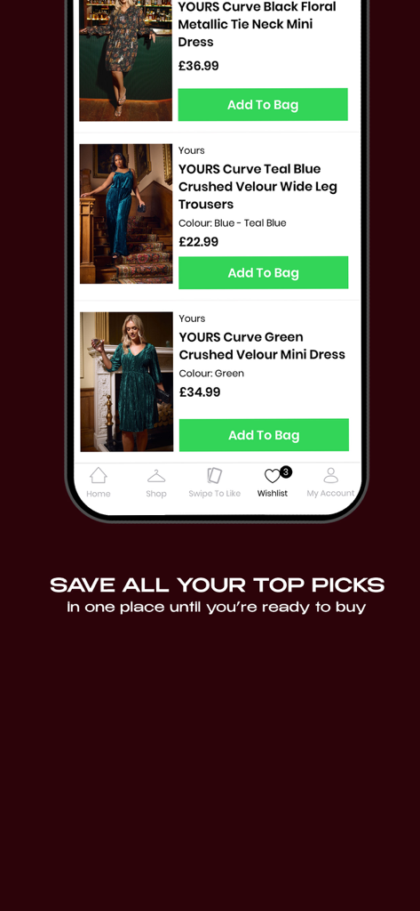 Interfaz de la lista de deseos de la app Yours Clothing mostrando vestidos y pantalones curvy guardados