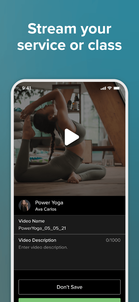 Vagaro Pro - Interfaz de la aplicación móvil Vagaro Pro para transmitir un servicio o clase de yoga