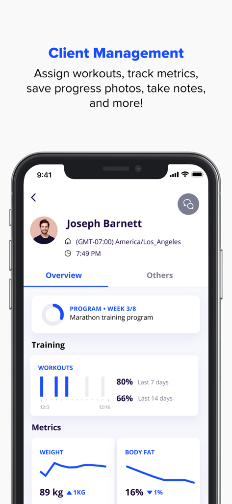 Everfit for Coach - Everfit for Coach mobile app dashboard displaying client profile, workout progress, and health metrics like weight and body fat