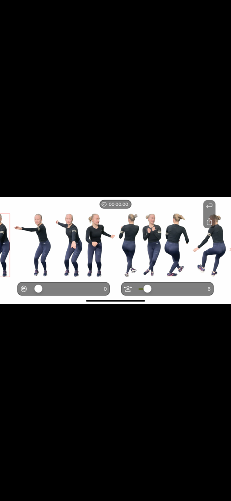 Stroboscopic movement analysis showing a sequence of an athlete's motion frames in the Coach Video Analyzer app.