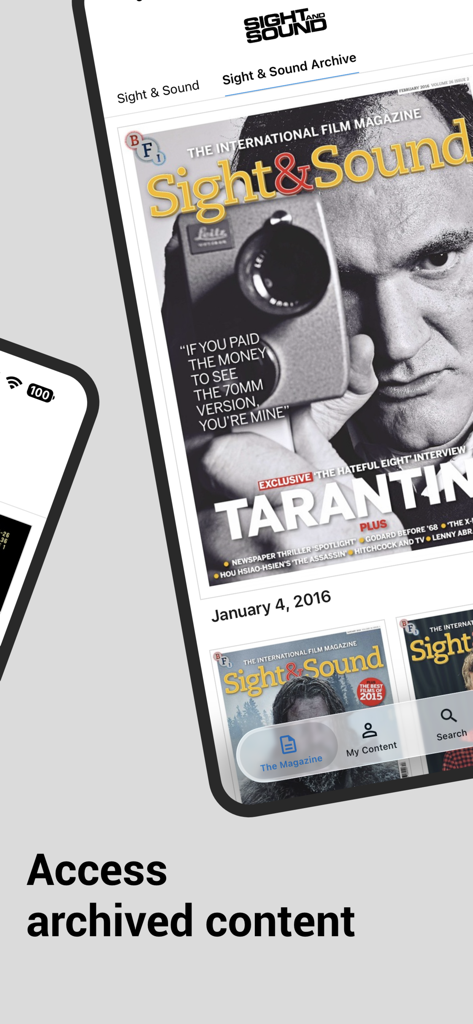 Sight & Sound - Interface of the Sight and Sound app displaying archived magazine issues with a feature on Quentin Tarantino.
