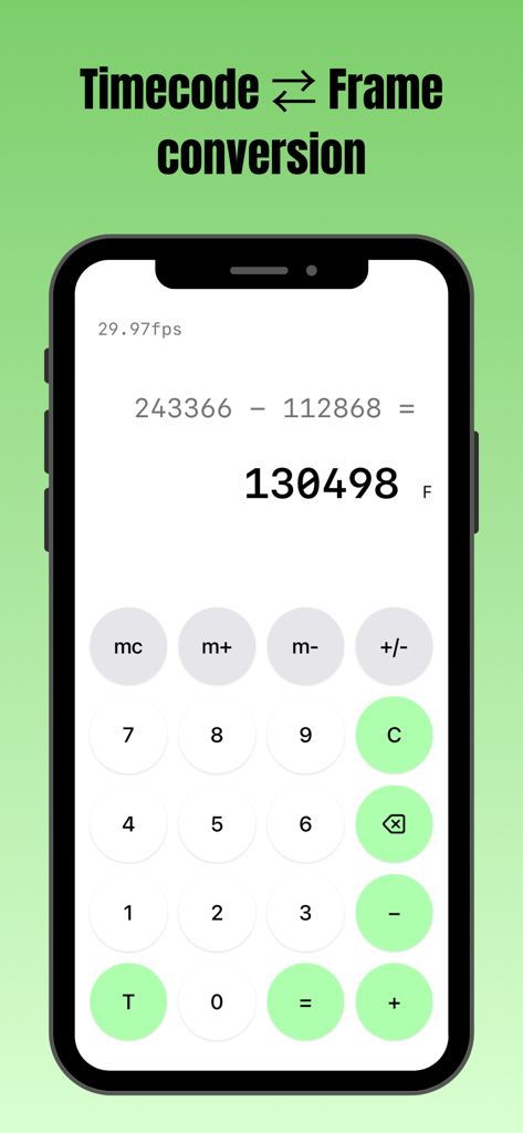 tcCalc app interface performing a frame count subtraction on an iPhone