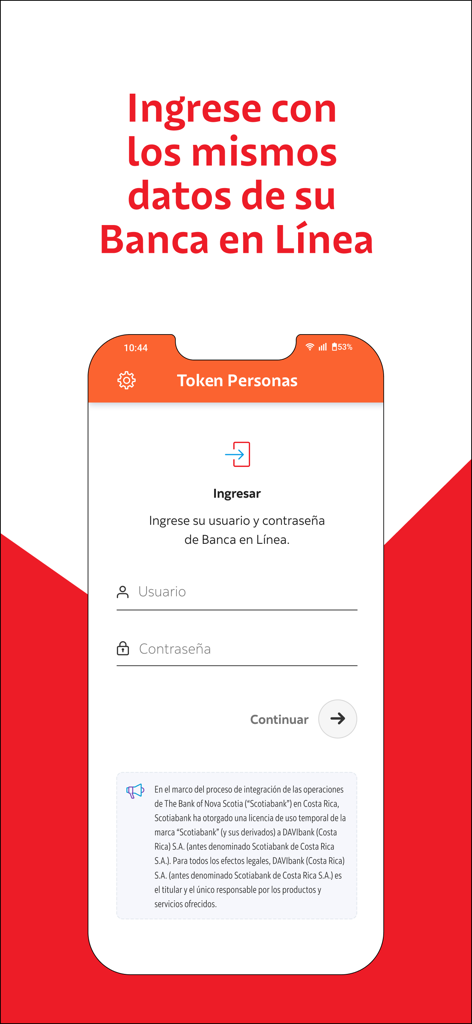 DAVIbank Token Personas CR - DAVIbank Token Personas CR app login screen showing username and password fields