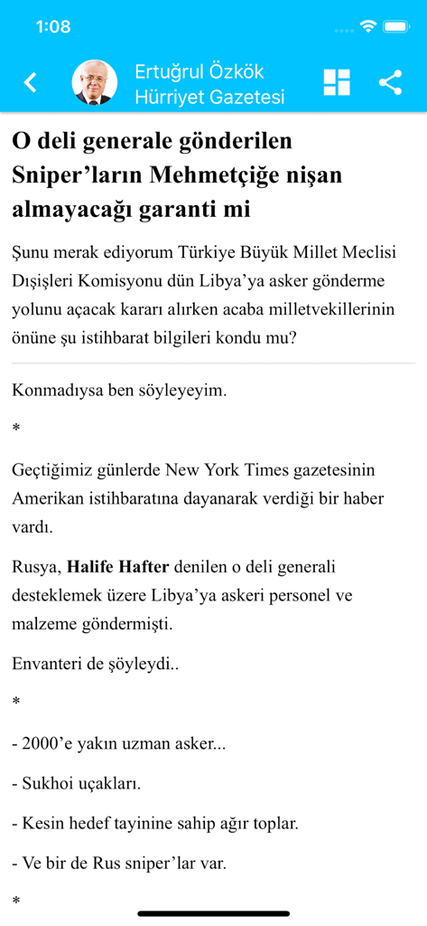 Mobile app interface displaying a Turkish news article by columnist Ertugrul Ozkok from Hurriyet newspaper.