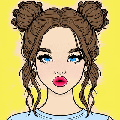 realistic girl with two buns in hair and lips
