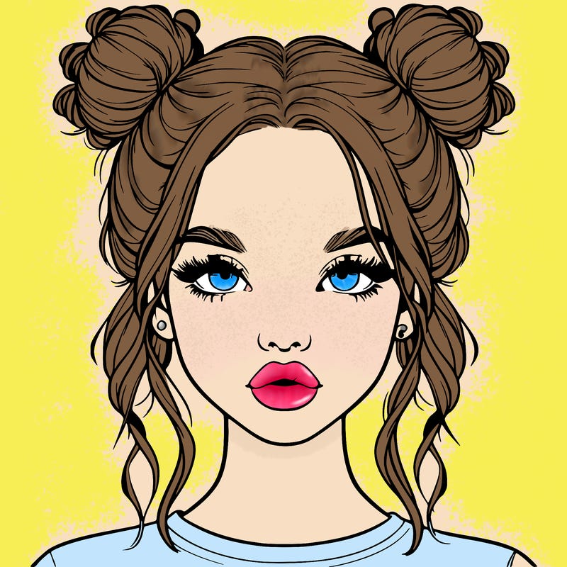 realistic girl with two buns in hair and lips
