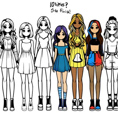 seven realistic girls standing up next to each other