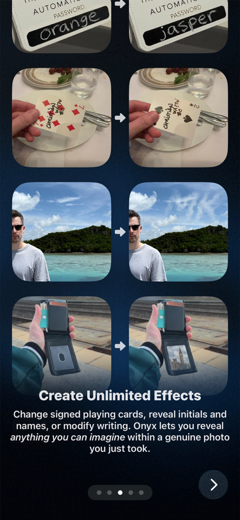 Onyx Magic - Cuatro pares de imágenes de antes y después que demuestran transformaciones de fotos por IA para trucos de magia, incluyendo cambios de cartas y formaciones de nubes