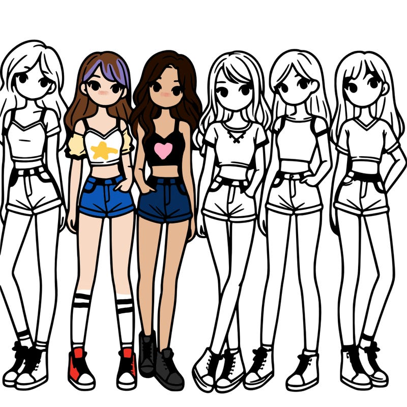 a group of girls wearing crop tops and shorts