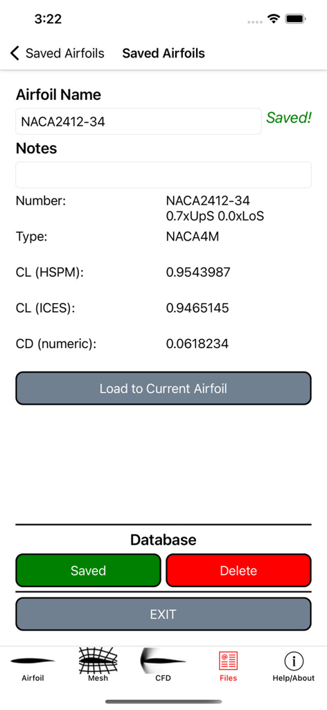 Airfoil Design - Tela mostrando dados de aerofólio salvos, incluindo número NACA e coeficientes aerodinâmicos.