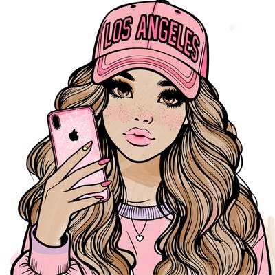 realistic beautiful girl wearing los ángeles cap holding an iphone