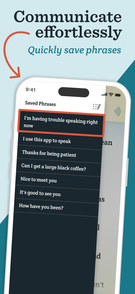 Il menu delle frasi salvate nell'app Spoken CAA che mostra frasi colloquiali comuni per un accesso rapido.