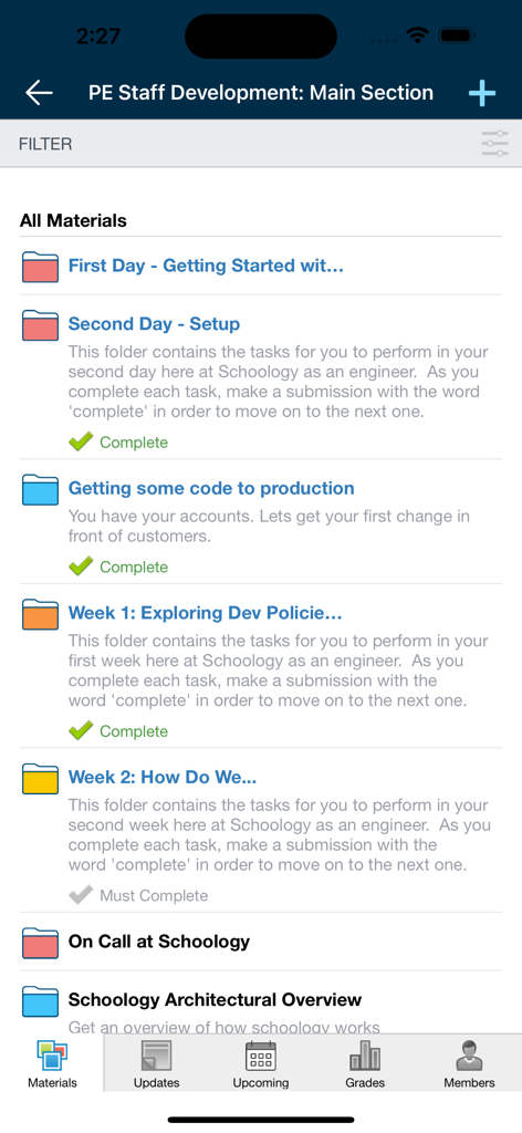 Schoology mobile app interface displaying a list of academic course materials and folders with completion status