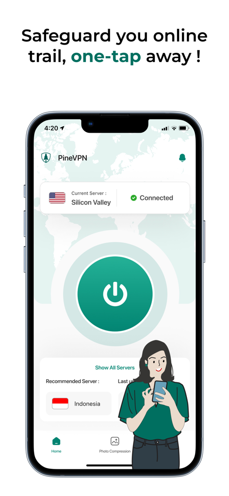 Interfaccia dell'app mobile Pine VPN su un iPhone che mostra un pulsante di connessione sicura con un solo tocco