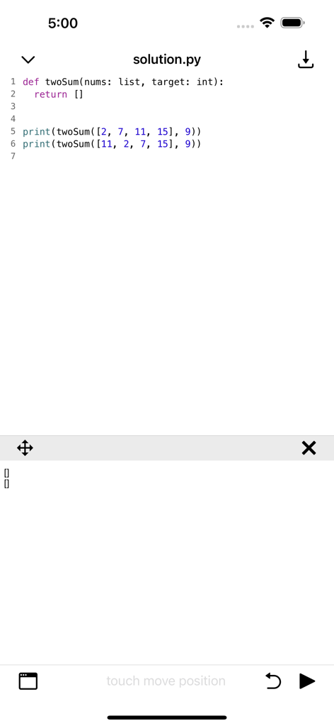 Mobile Python code editor interface for solving algorithm interview questions