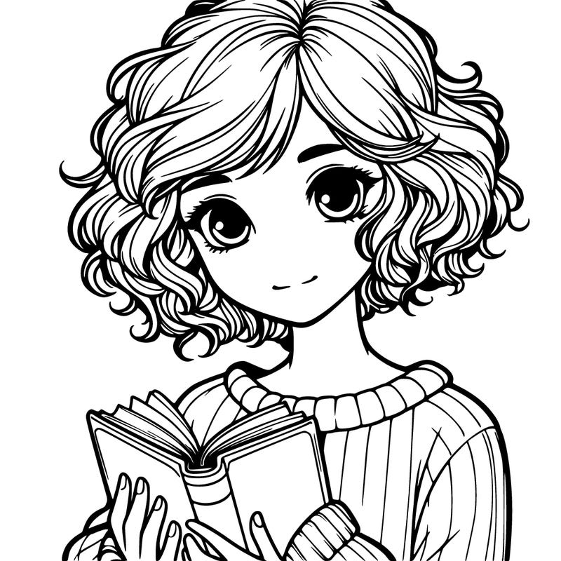 realistic girl with short curly hair holding a book