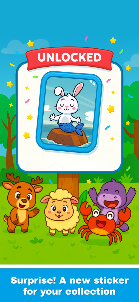 A new sticker unlocked in MemoKids featuring a mermaid bunny and friendly cartoon animals