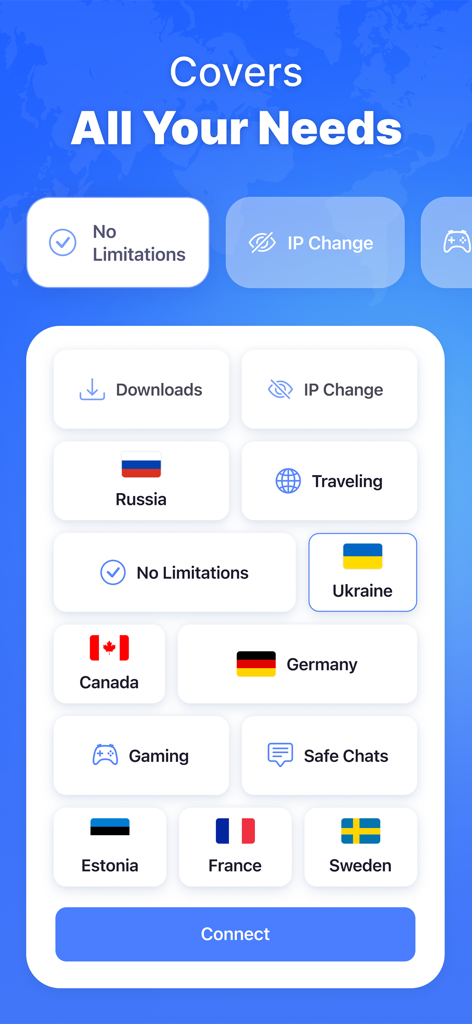 VPN Wave 앱 인터페이스에서 전 세계 서버 위치 및 보안 기능 표시