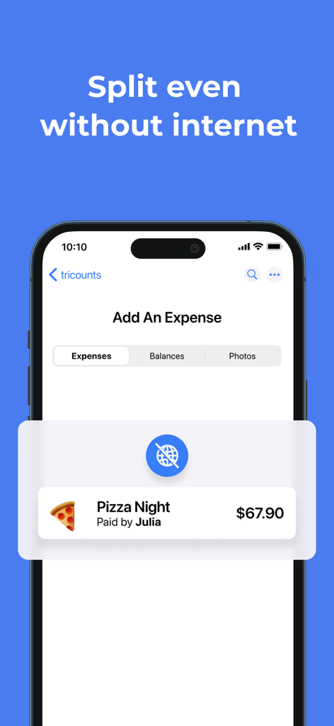 Interface of the Tricount app showing the ability to split expenses like a pizza dinner without an internet connection