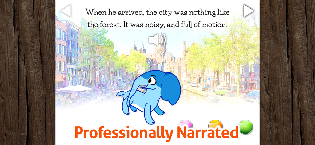 Kids Book & Reading - Remi - 水彩画のような街のシーンにいるレミの赤ちゃん象が登場する、プロのナレーション付き子供向け絵本アプリのインタラクティブな画面。