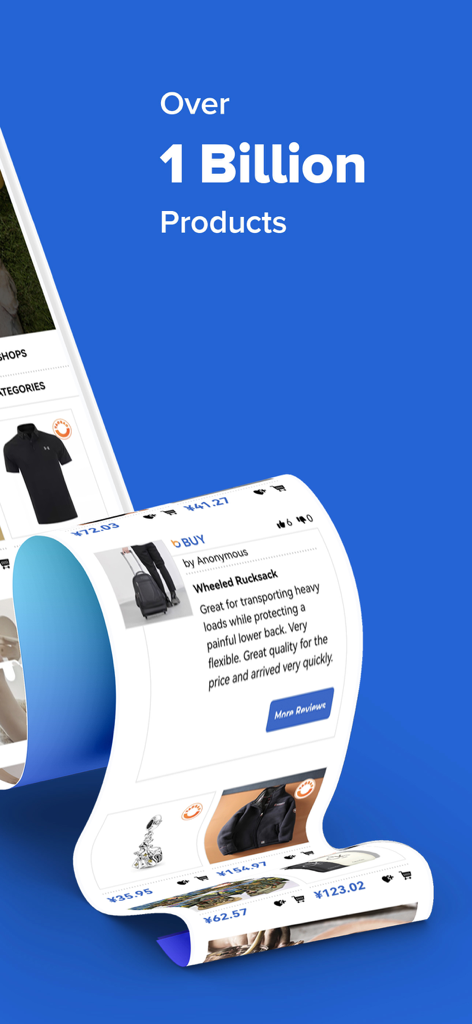 Exibição do aplicativo Baopals com mais de um bilhão de produtos e uma avaliação de cliente para uma mochila com rodas.