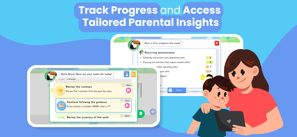 Chores and Anger Management - A mother and son using the Lusha app to track behavioral progress and view parental insights.