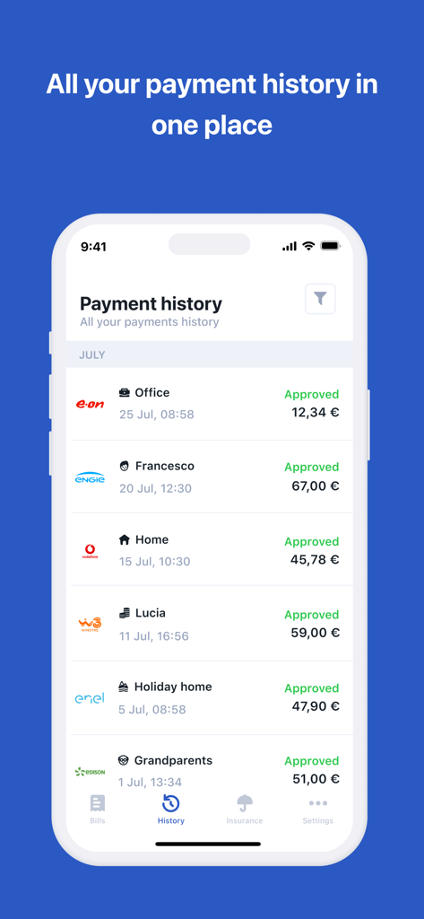 Schermata dell'app mobile che mostra un elenco dettagliato di bollette pagate per diverse località e persone ordinate per data