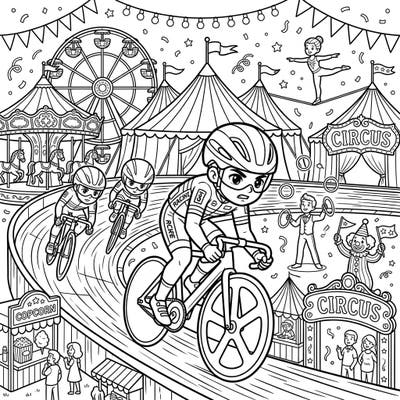Experience the thrill of a high-speed track cycling race set amidst the vibrant excitement of a carnival! This detailed coloring page invites you to bring a world of movement, daring feats, and festive energy to life with your favorite colors.