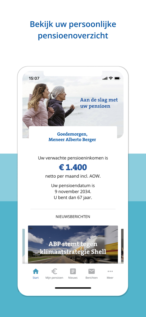 ABP Pensioen - Mobile dashboard of the ABP Pensioen app showing expected monthly pension income and retirement date overview