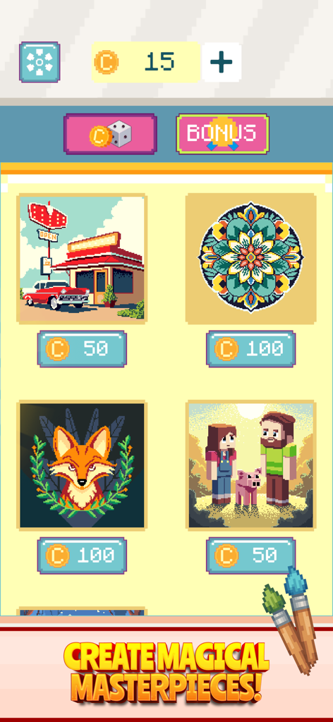 Color Zen: Paint by Number - Una selección de diseños de arte pixelado que incluyen un zorro y un mandala en la galería de la aplicación Color Zen paint by number.