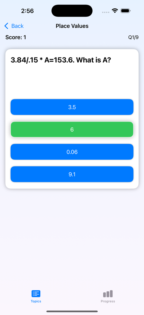 Grade 7 Math & Science - A math quiz question on place values within the Grade 7 Math and Science app interface.